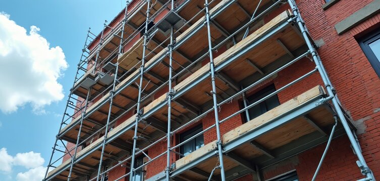Metal scaffolding frames brick building undergoing repair. Wooden planks form temporary platforms for workers. Exterior facade work progresses against blue sky with clouds. Renovation project site.