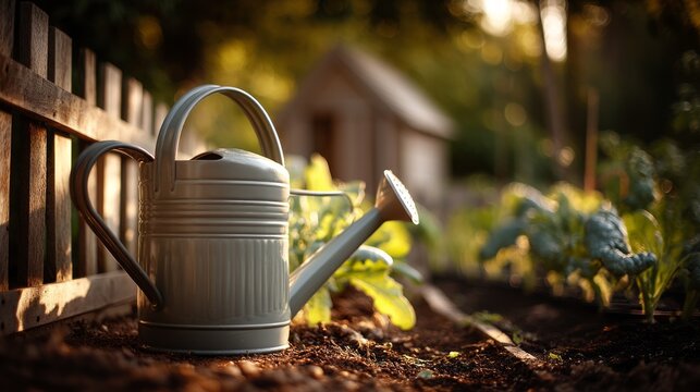 Rustic Metal Watering Can in a Vegetable Garden with Green Plants