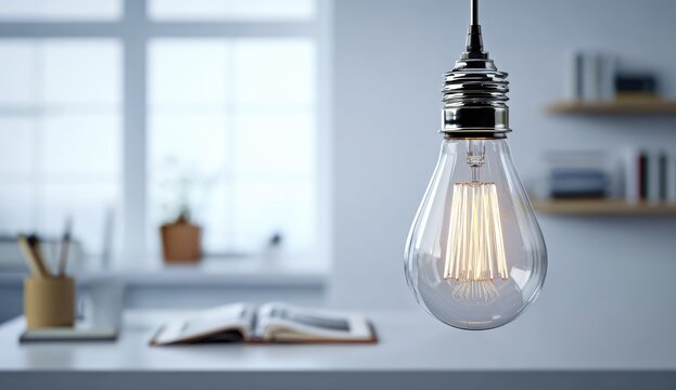 Vintage Edison Light Bulb Hanging in a Bright, Modern Room.