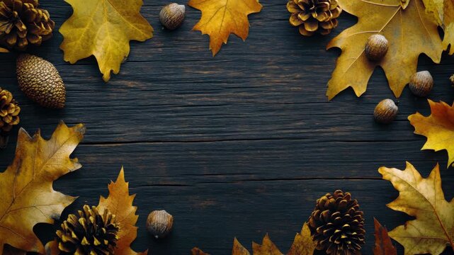 An autumn table decoration with pumpkins, fall leaves and wood background.