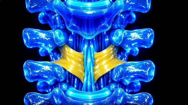 3D anatomical animation of ligamentum flavum contraction and tension. Glowing blue neon spine with red highlighted ligaments demonstrating movement and spinal flexion in a futuristic style.
