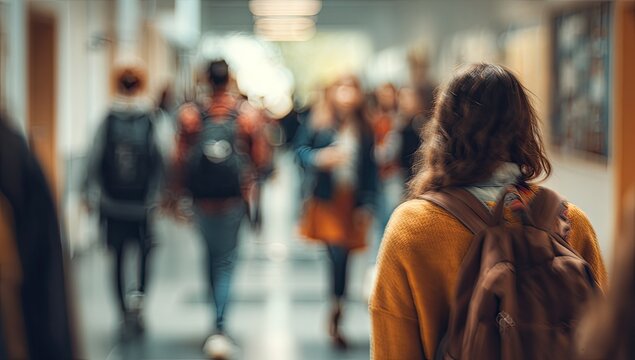 Student walking down school hallway with other students blurred in background.