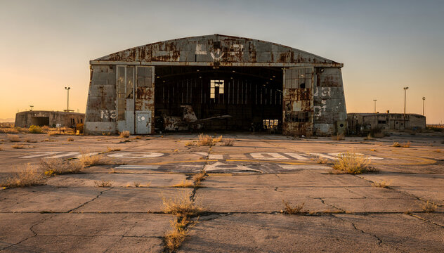 Rustic Abandoned Hangar Under Warm Sunset: Weathered Metal Structure on Cracked Concrete Airfield, Deserted and Evocative Historical Industrial Site