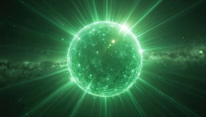 Obraz premium Green glowing sphere with light rays emanates energy in dark space. Cosmic particle ball shines bright, abstract orb pulses with power, futuristic science concept.
