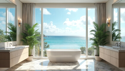 Fototapeta premium Modern bathroom with large windows offers stunning ocean view. Bathtub and vanities face the blue sea. Lush plants add natural beauty. Bright room design.