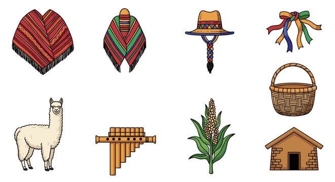 Traditional andean icons: poncho pan flute llama corn and more