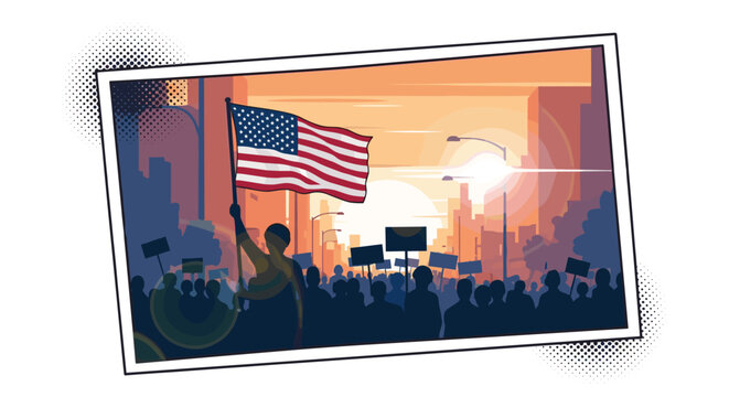 American flag waving during protest at sunset in urban setting