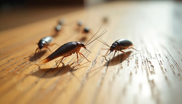 Silverfish insects crawl on wooden floor. Macro shot of tiny pests on wood surface in sunlight. Close view of bug antennae legs bodies. Household infestation detail.