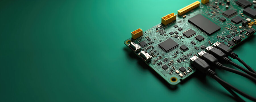 Close-up view of a green electronic circuit board with multiple chips and connectors. Several black USB cables are plugged into ports on the board against a dark green background.