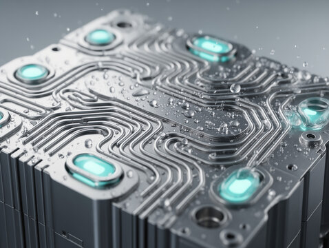AI Generated 3D Illustration of Hydrogen Fuel Cell Stack Bipolar Plate with Serpentine Flow Channels, Condensation Water Droplets, Green Hydrogen Clean Energy Technology