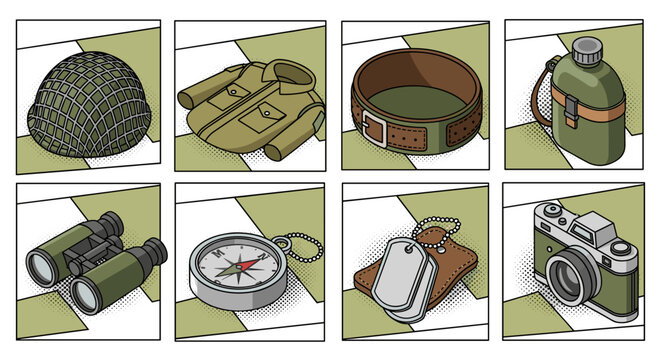 Vintage military gear icons in comic art style