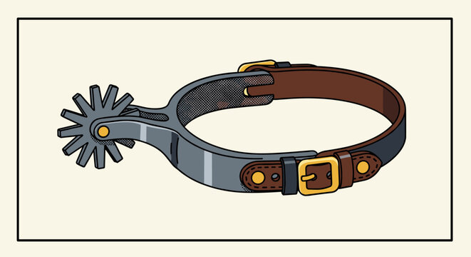 Retro western spur with brown leather strap and metal buckle in