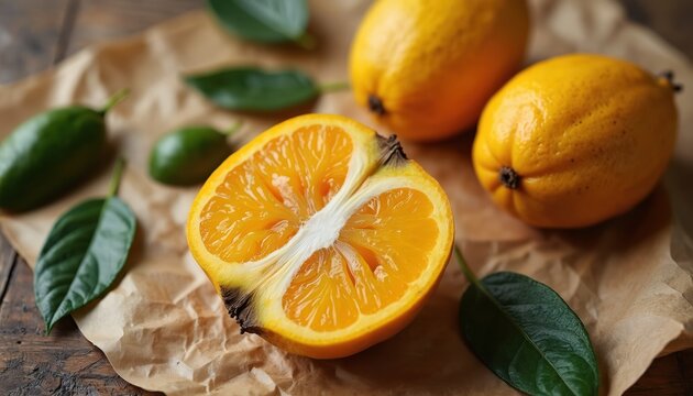 Whole and halved ugli fruits sit on crumpled brown paper. Green leaves and small green fruits surround the citrus. Rustic wood table forms background.