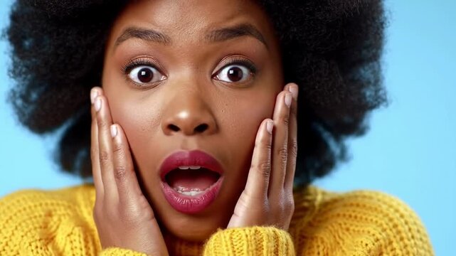 Shocked african american woman gasps in surprise