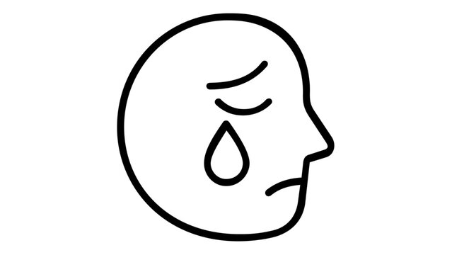 Sad crying face profile vector icon illustration. Minimalist line art of a person with a teardrop and frowning mouth, representing grief, sorrow, depression, and mental health awareness. AI-generated.