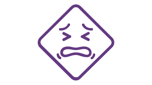 Sad and frustrated crying face vector icon illustration inside a diamond shape. Minimalist flat line art with blue to purple gradient representing grief, stress, pain, or negative emotions.