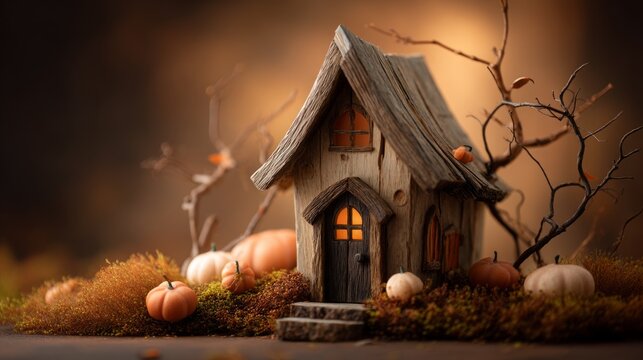 Miniature Wooden Cottage Ornament with Halloween Pumpkins and Twigs