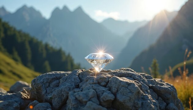 Shiny diamond gemstone sits on rocky mountain peak. Sunlight glints off clear facets. Majestic mountain range background. Nature treasure, luxury find.