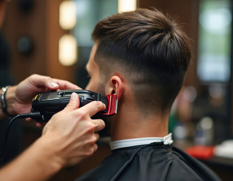 Barber uses electric clipper to trim man short dark hair. Precise cut at modern salon for stylish look. Client gets fade haircut. Professional grooming service.