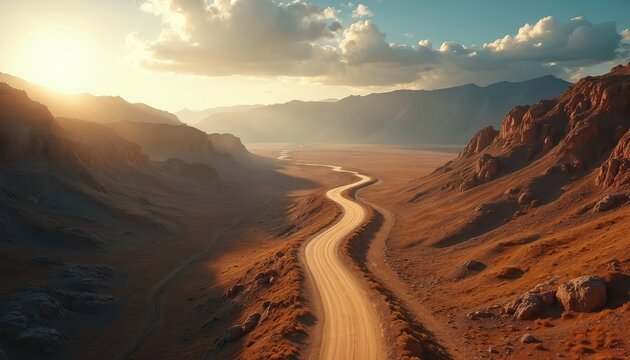 Aerial view of winding dirt road through desolate desert canyon landscape. Barren brown hills and mountains under bright sunny sky with scattered clouds create sense of remoteness and adventure.