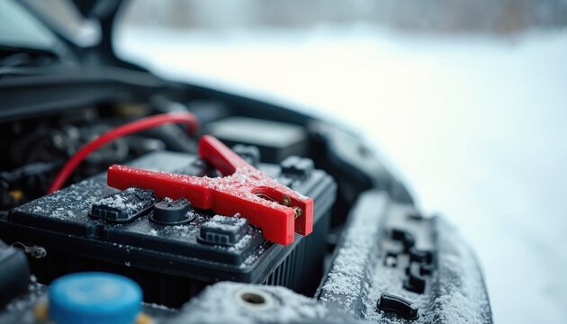 Car battery with red jumper cables attached. Snow covers auto parts and car engine bay. Cold winter day maintenance. Help for dead car battery.