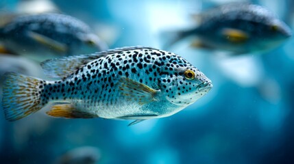Fototapeta premium Blue spotted cichlid fish swimming underwater in a vibrant home aquarium, showcasing patterns of marine life, an aquatic ecosystem and biodiversity in natural habitat