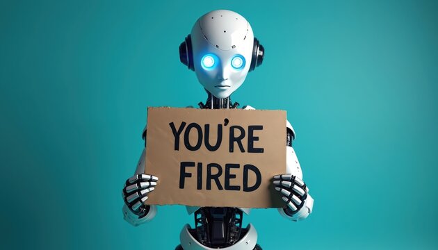 Humanoid robot holds cardboard sign saying Youre Fired. Futuristic automaton represents job loss due to automation and artificial intelligence progress.