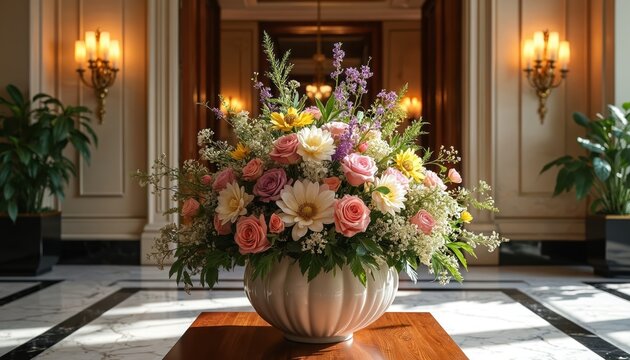 Large floral centerpiece on table in hotel lobby. Soft lighting from wall lamps illuminates roses, daisies, and green plants. Marble floor reflects warm tones from luxury interior design.