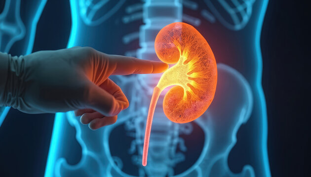 Doctor points to glowing inflamed kidney with ureter stone. Medical scan shows urological condition. Diagnosis and treatment for kidney pain and blockage.