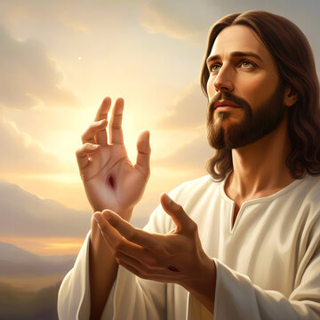 Art depicting Jesus with wounded hands.