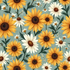 Obraz premium Seamless pattern with yellow sunflowers and white daisies on teal background. Floral illustration features blooming flowers and green leaves. Delicate, cheerful garden design repeats.