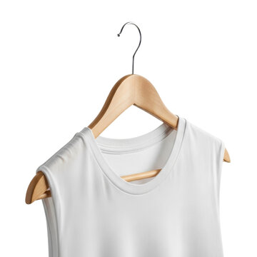 White sleeveless t-shirt on wooden hanger