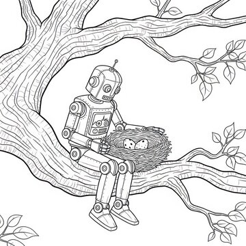 A robot sits in a tree, observing a bird's nest with two fluffy owlets