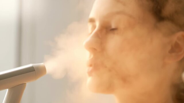 Close-up of a serene woman using a portable facial steamer for hydration and skin rejuvenation, soft warm lighting, spa treatment at home, steam misting over face for health.