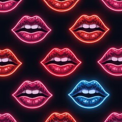 Obraz premium Neon lips pattern repeats across black background. Vibrant pink red blue red lips blow kiss shapes. Stylized illustration for beauty fashion themes.