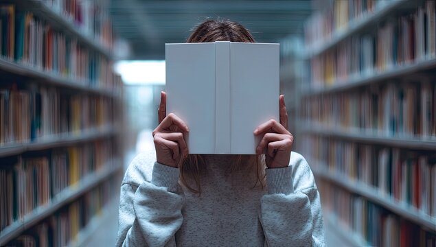 Person hiding face behind book in library aisle.