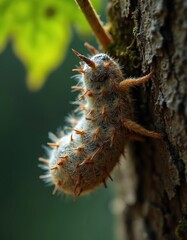 Fototapeta premium Fluffy bagworm moth larva crawls on tree bark macro shot. Small with spiky hairs and orange tips moves slowly on rough wood surface. Green leaves blurred in background.