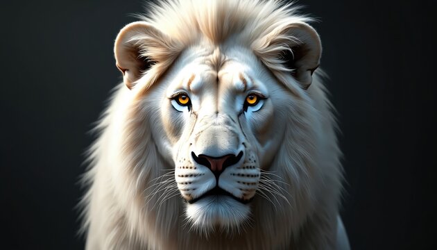 Close-up portrait of magnificent white lion with striking amber eyes. Luxurious mane frames face against dark, blurred background. Symbol of power, rarity, majestic feline commands attention. Gaze