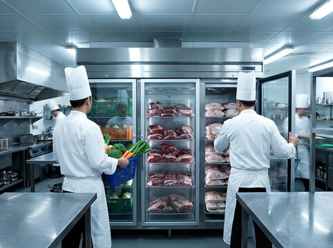 Chefs stocking fresh vegetables and meat in a large commercial kitchen.