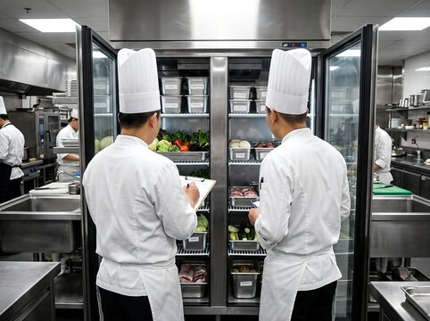Two chefs examine a stocked refrigerator in a commercial kitchen, ensuring inventory is in order.