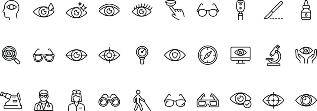 A collection of black and white line icons related to vision and eye care