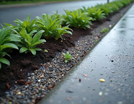 Water drains from wet asphalt road into perennial flowerbeds mulched with gravel. Newly planted green foliage absorbs moisture for growth. Urban street edge landscaping.