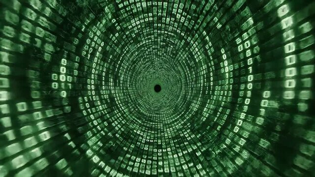 Abstract green tunnel made of glowing binary code representing data transfer and high speed internet connection in a seamless loop, symbolizing the digital world and information technology