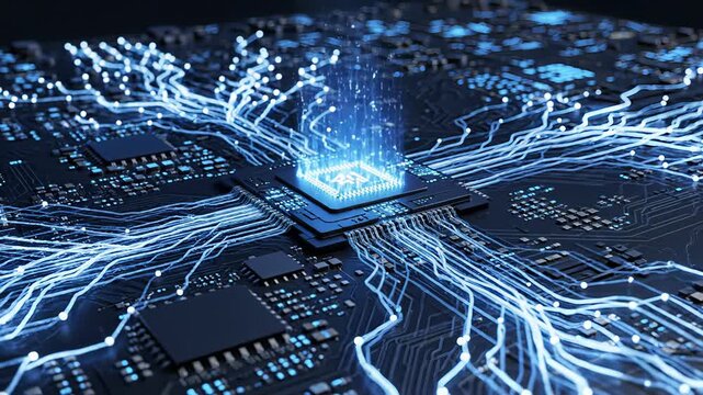 Powerful computer processor sending signals and processing large amounts of data on a futuristic motherboard, representing advanced technology, ai, and the flow of digital information