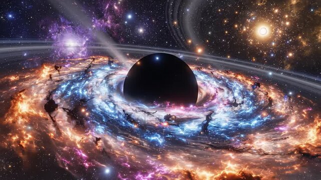 Gigantic black hole in the center of a swirling spiral galaxy pulling in surrounding stars and nebulae with its immense gravitational force, bending light and space in a cosmic spectacle