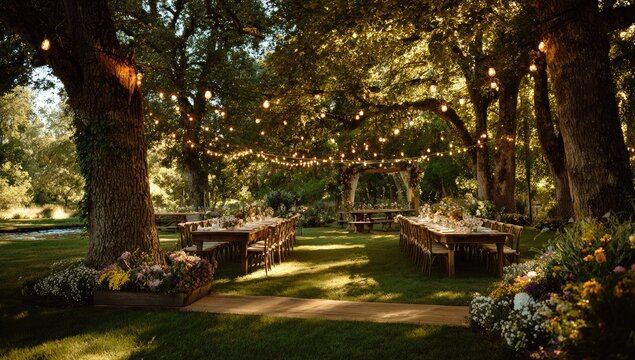 Enchanting Outdoor Wedding Reception Under String Lights in a Forest Setting.