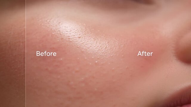 A close-up view showing the transformative effects of a skincare treatment on facial skin texture, revealing improved smoothness and reduced appearance of pores and bumps after application.