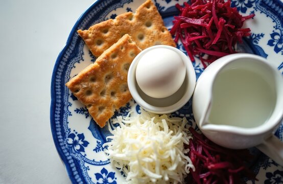 Pesach Seder plate with matzah, boiled egg, grated horseradish and beet. Includes charoset and saltwater in small dishes. Traditional Jewish holiday food symbolism for Passover meal preparation.