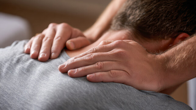 Caring person giving gentle shoulder massage to a stressed man in casual clothing to help relieve tension and promote relaxation in a cozy setting