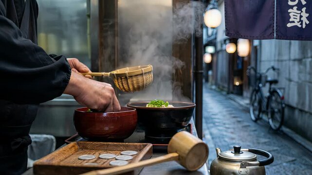 Anonymous chef at a traditional food stall preparing a steaming bowl of udon noodles, adding fresh toppings in an atmospheric alleyway in japan with hanging lanterns and a classic bicycle